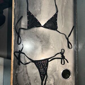 Black Rhinestone Tie Bikini Set